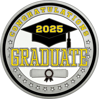 Yellow "Congratulations Graduate 2025" with Black Rim, Tassel & Ribbon